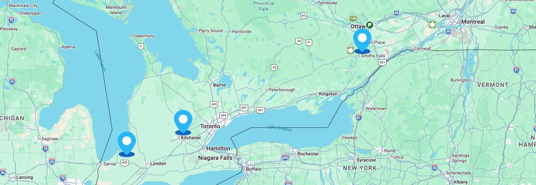 Map showing Bwired Technologies office locations in Grand Bend, Kitchener and Smiths Falls, Ontario